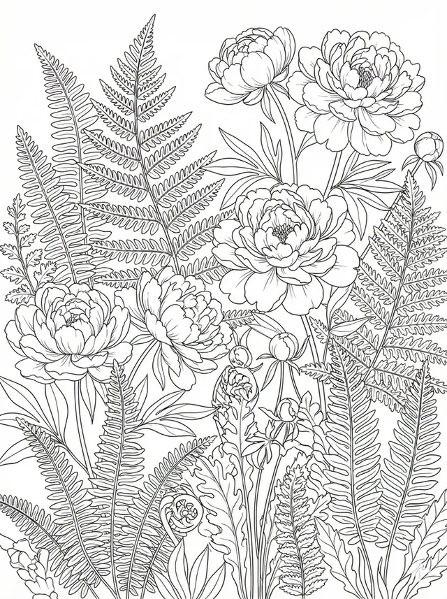 A botanical coloring page of ferns and peonies